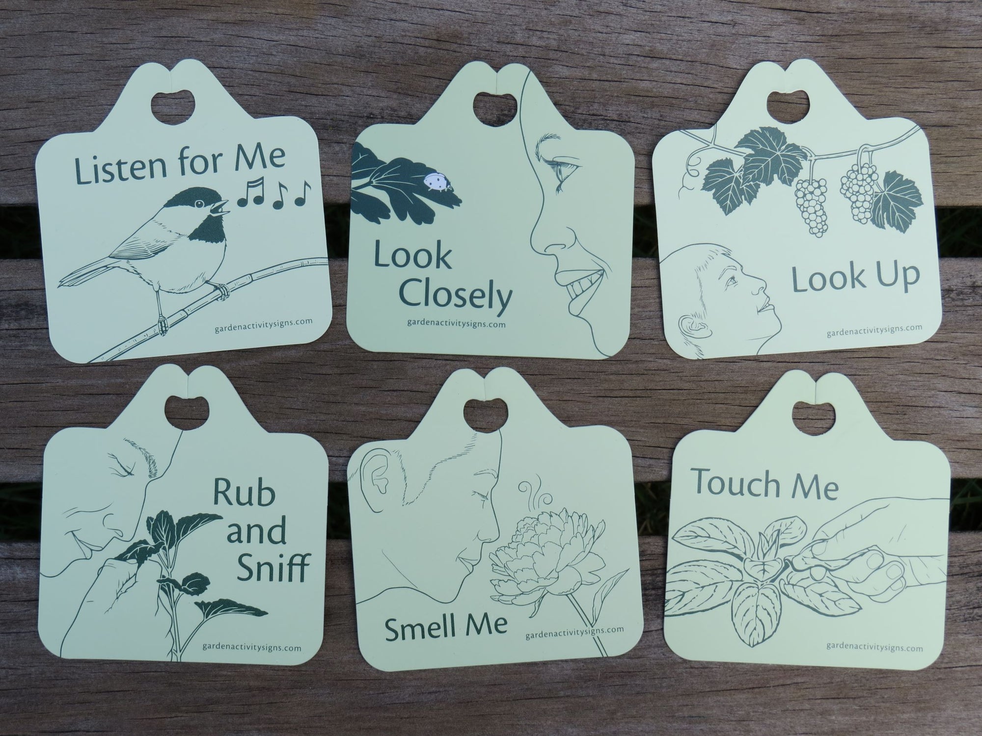 Sensory garden illustrated plant tags, set of 6 includes listen for me, look closely, look up, rub and sniff, smell me and touch me